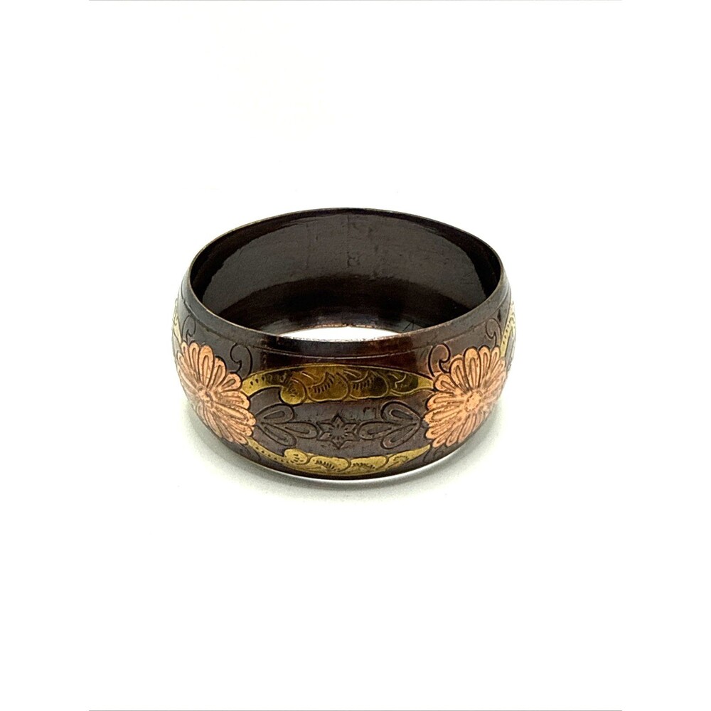 Vintage Floral Copper Bangle Bracelet Brass Plated Boho Etched Wide Statement
